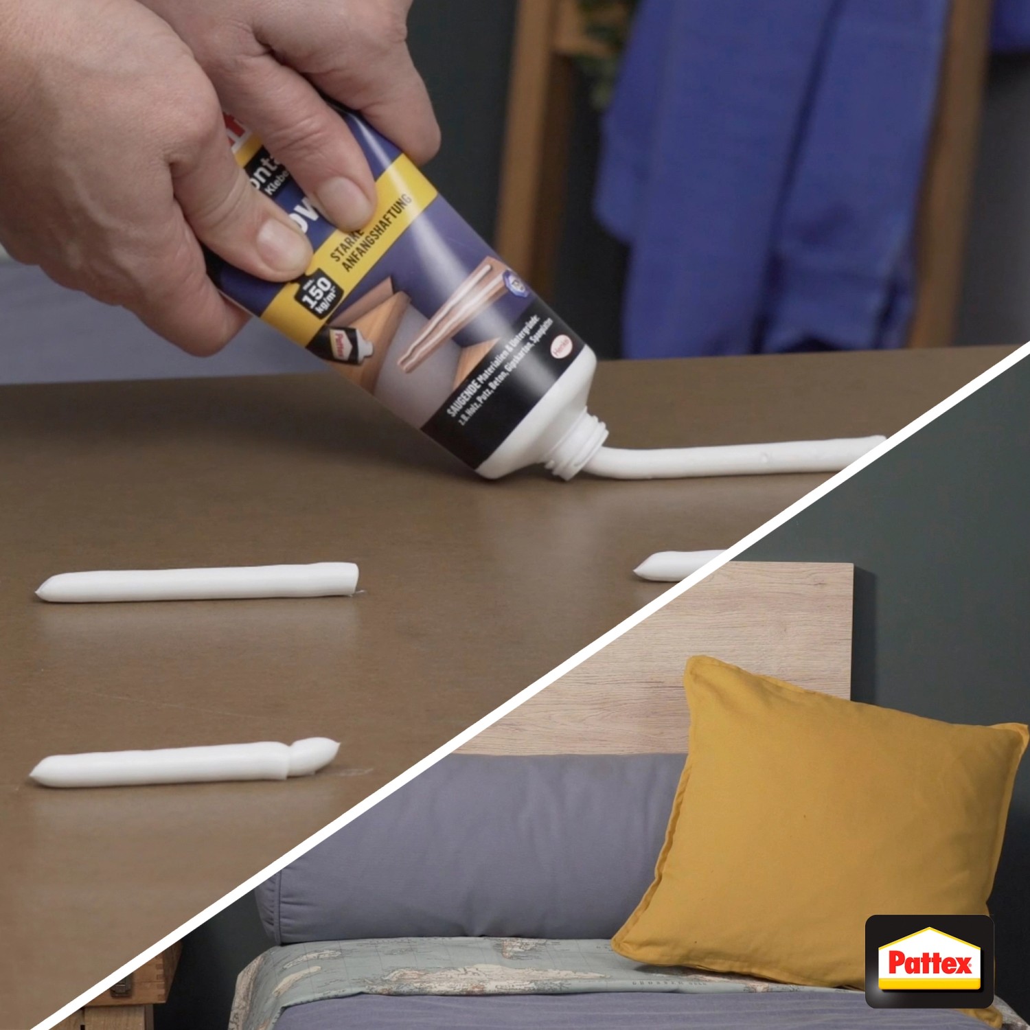 Anwendung von Pattex Montagekleber Power Tube. Kleberstränge aufgetragen, Tube in Hand.