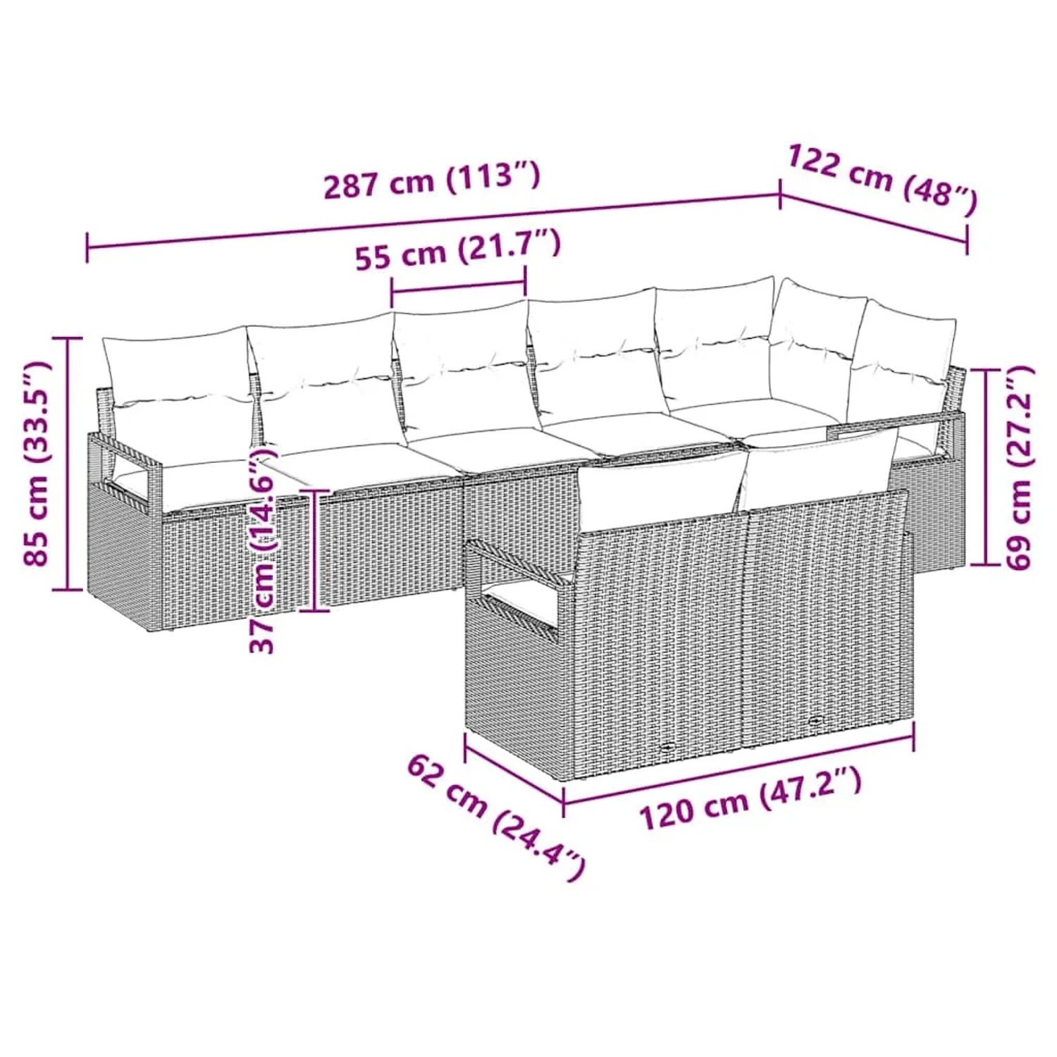 Beiges 8-teiliges Garten-Sofa-Set aus Polyrattan von vidaXL, Maße eingezeichnet.