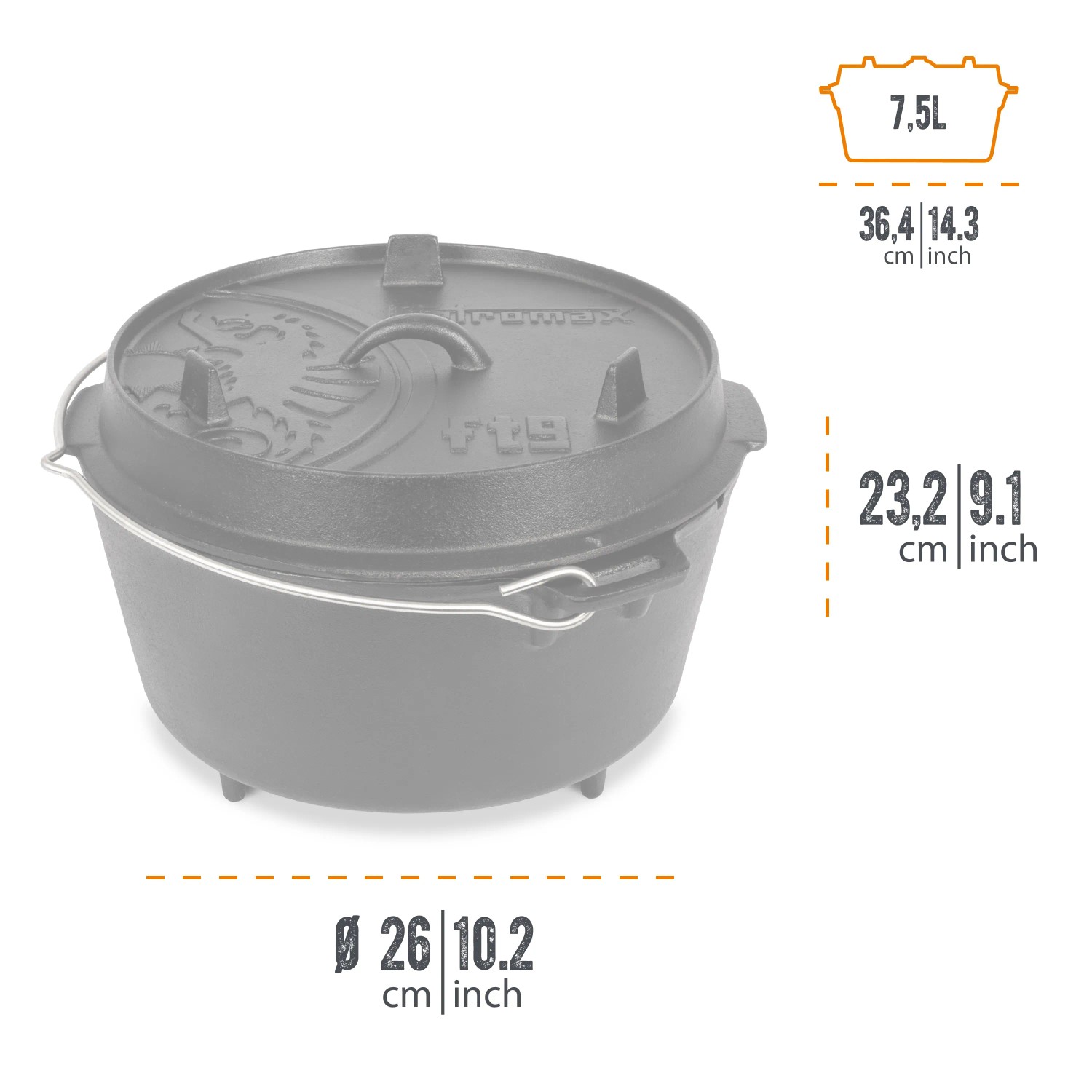 Schwarzer Petromax Dutch Oven FT9 mit Füßen, 7,5 l. Gusseisen-Topf für Lagerfeuer und Grill, ideal zum Kochen und Backen.