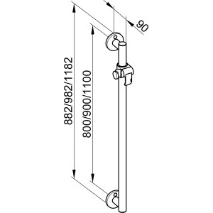 Technische Zeichnung: Keuco Plan Care Brausestange 800mm, Chrom, mit Brauseschieber und Maßen.