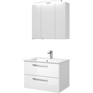 Pelipal Badmöbel-Set Trentino, 77 cm, Weiß Hochglanz, 3-teilig mit Waschbecken, Unterschrank und Spiegelschrank.