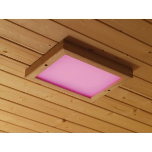 Karibu LED Farblicht für Sauna/Infrarotkabine mit Holzrahmen und pinkem Licht, Deckenmontage.