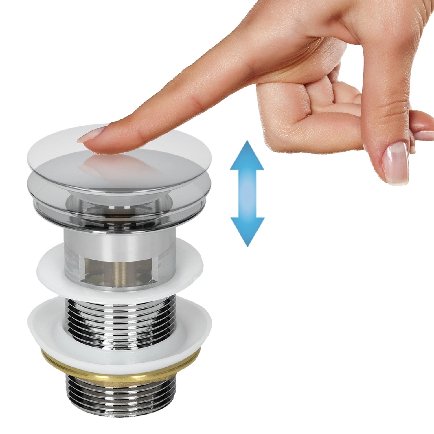 Detailaufnahme Ablaufgarnitur für ECD Germany Waschbecken, Bedienung per Fingerdruck.