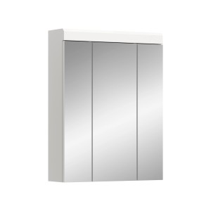 Weißer Hochglanz Spiegelschrank, 60x79x18 cm, mit drei Spiegeltüren für Badezimmer.