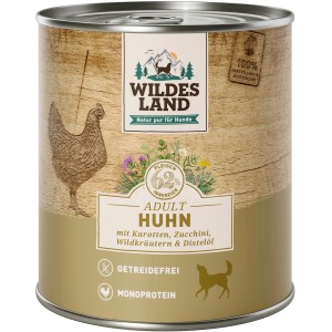 Wildes Land Hunde-Nassfutter Huhn mit Gemüse und Distelöl, 800g Dose.