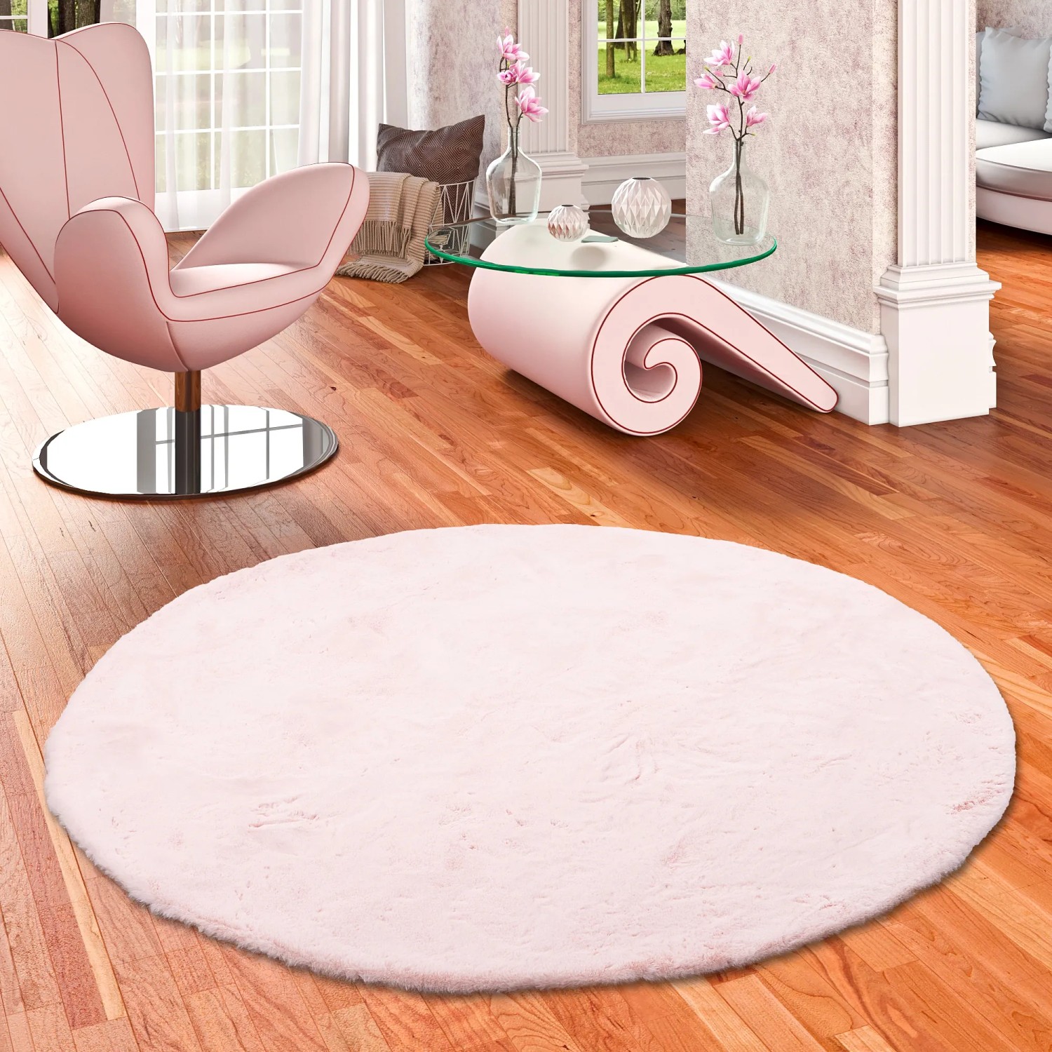 Runder, rosa Fellteppich (160x160cm) von Pergamon Luxus Super Soft. Flauschiger Kurzflorteppich.