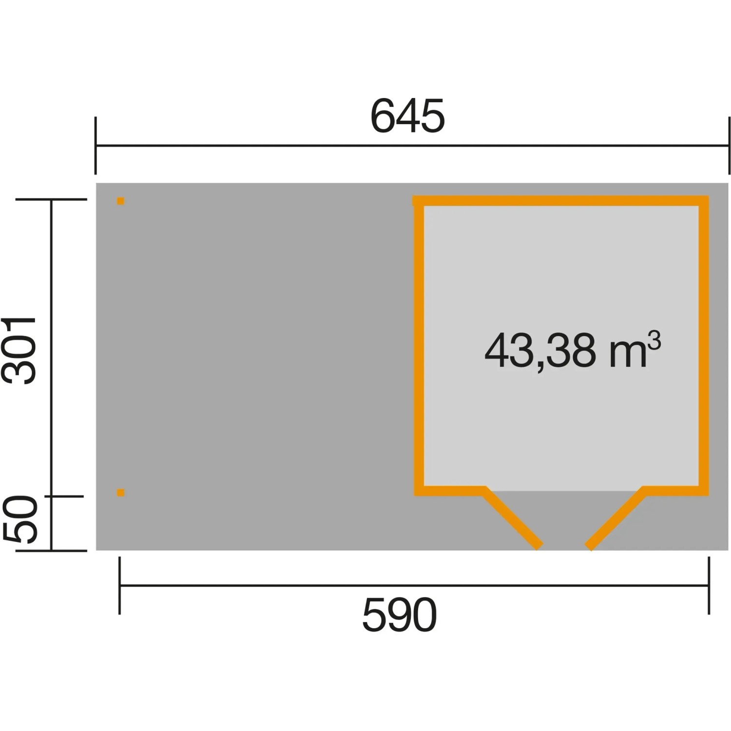 Grundriss Weka Holz-Gartenhaus Flachdach Lasiert, 590x375 cm, mit Maßen und Flächenangabe.