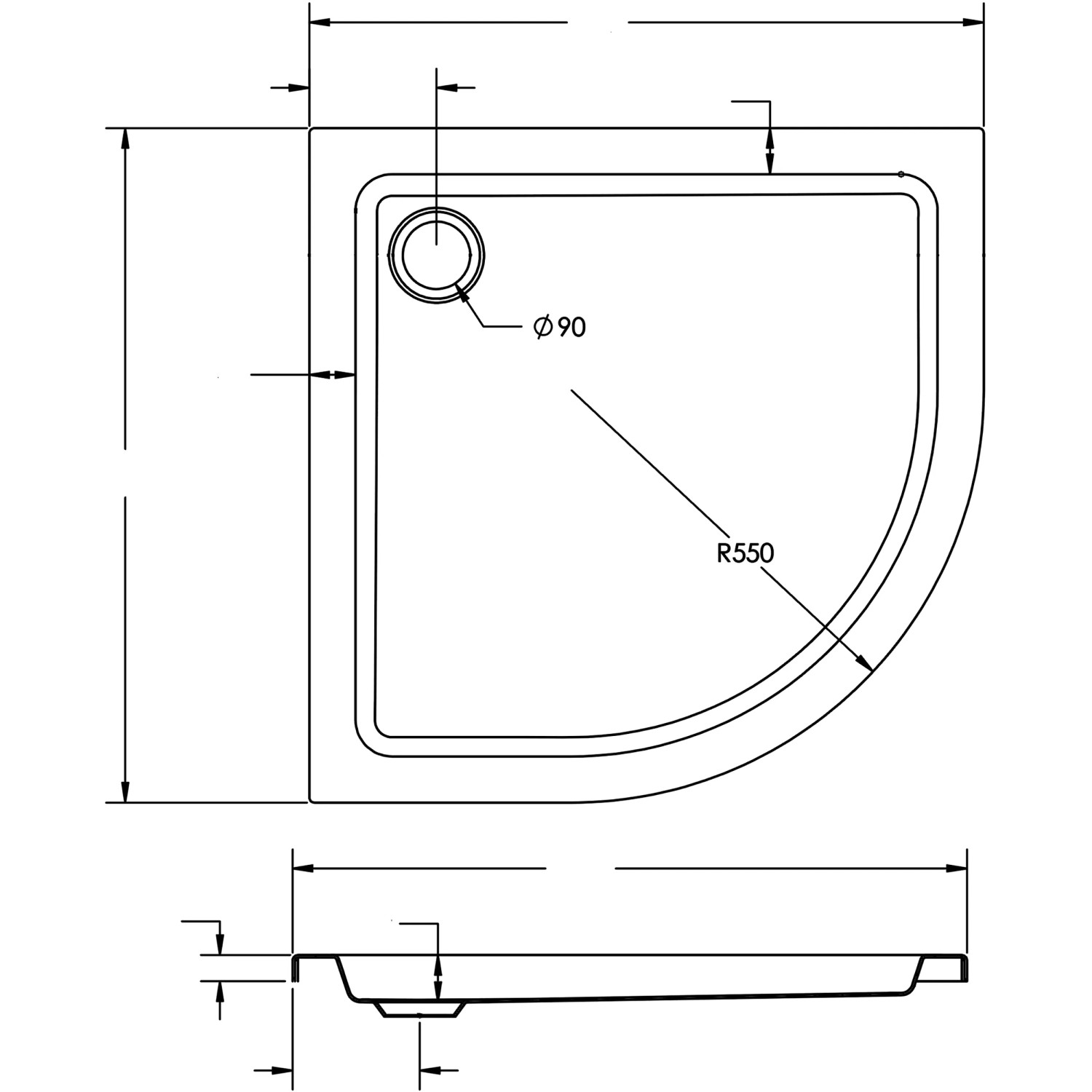 Technische Zeichnung: Ottofond Duschwanne Viertelkreis, 90x90 cm, mit Maßangaben.