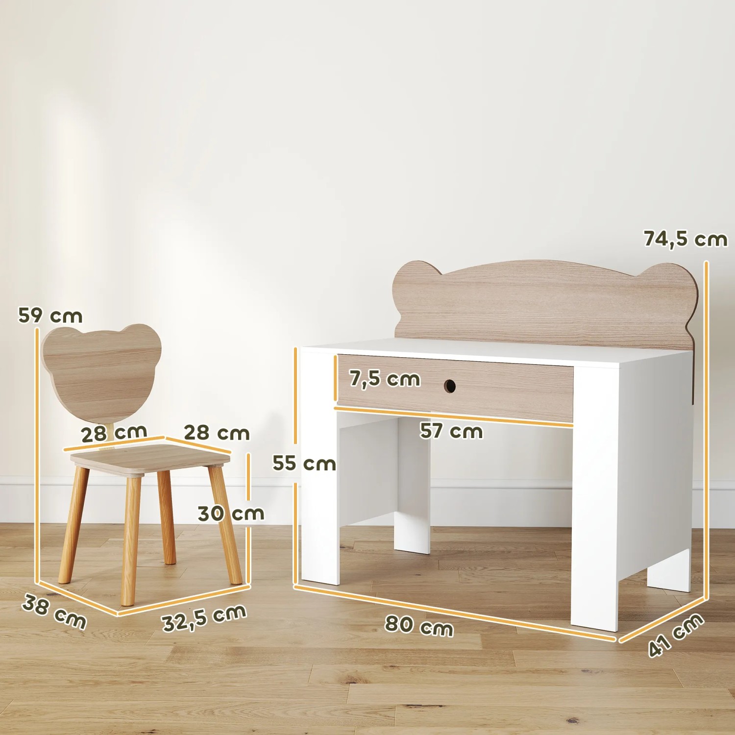 AIYAPLAY Kinderschreibtisch Set mit Stuhl, Naturholz/Weiß, mit Schublade. Kindermöbel fürs Kinderzimmer.