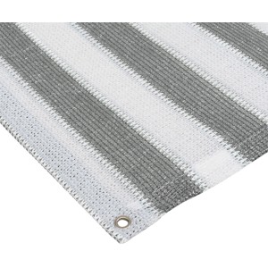 Noor Balkonblende grau-weiß gestreift, 90x300 cm, mit Ösen für einfache Montage.