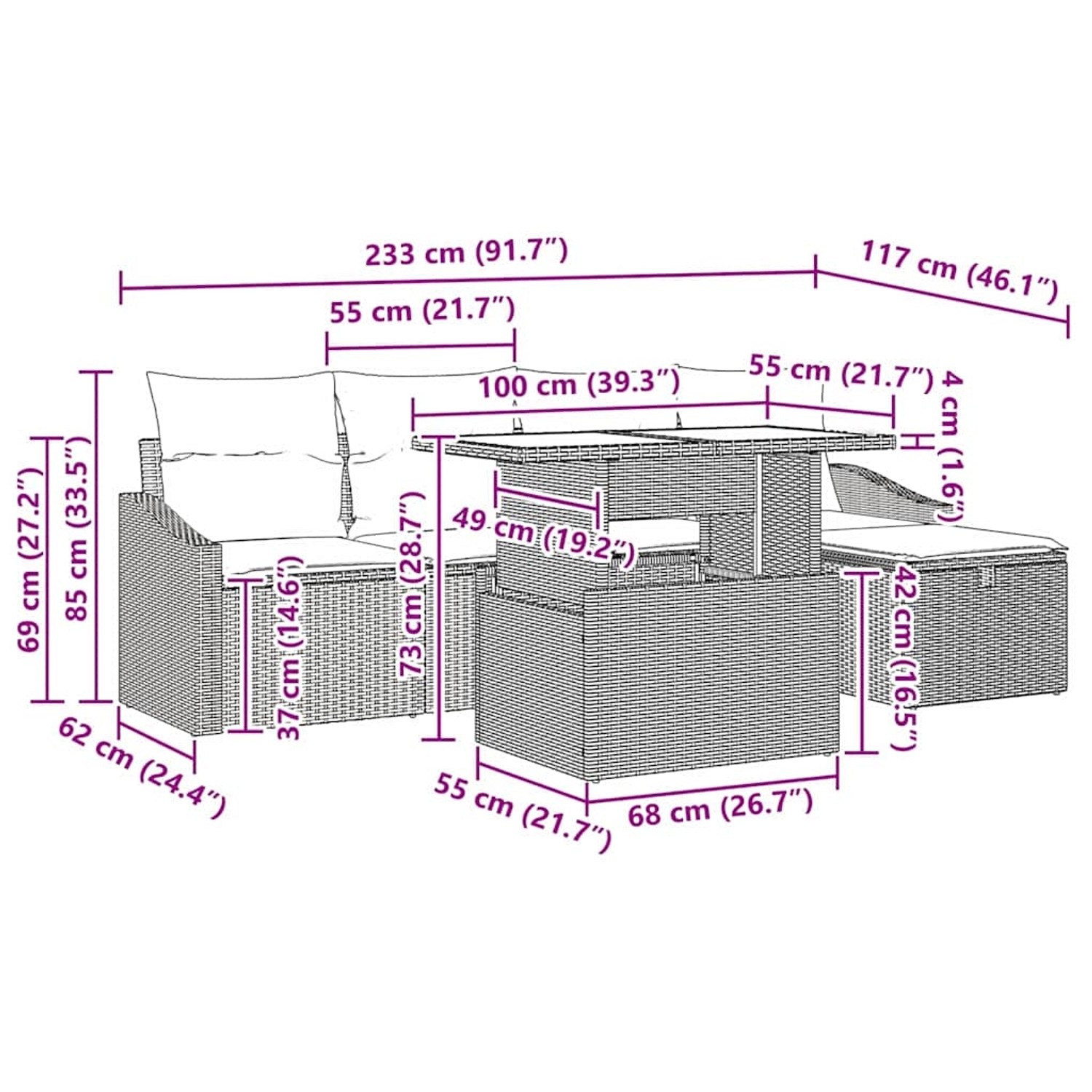 vidaXL Gartenmöbel-Set, 6-teilig, schwarz, Poly Rattan, höhenverstellbar, mit Maßen.