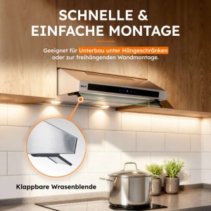 Edelstahl Unterbau Dunstabzugshaube mit Glasfront, klappbarer Wrasenblende in moderner Küche. Einfache Montage.