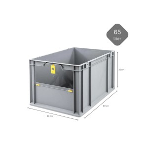 Graue PROREGAL Eurobox NextGen mit Entnahmeöffnung und gelben Details, 65 Liter, für Lagerung und Transport.