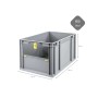 Graue PROREGAL Eurobox NextGen mit Entnahmeöffnung und gelben Details, 65 Liter, für Lagerung und Transport.