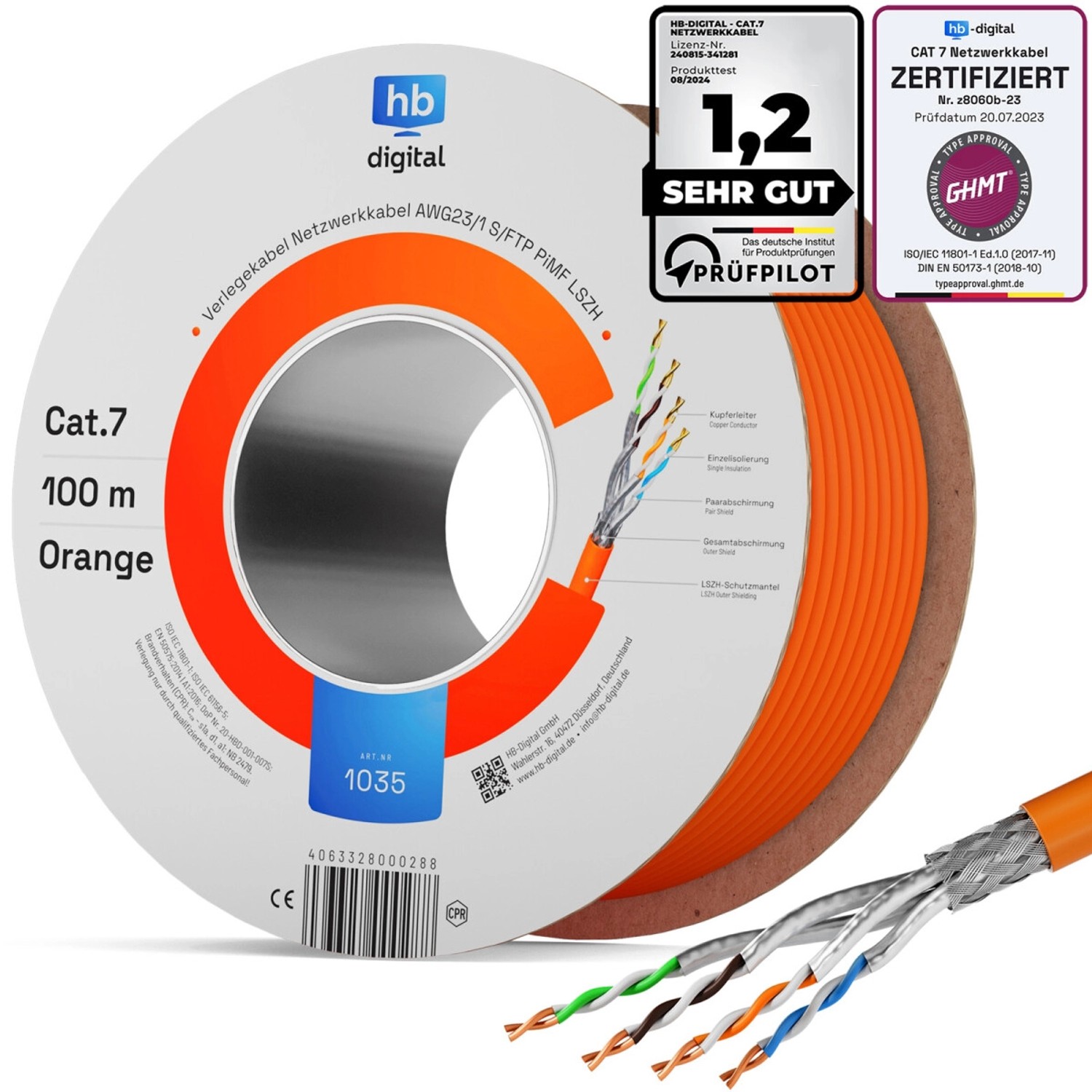 hb-digital CAT 7 Kabel Netzwerkkabel max. 1000 MHz S/FTP AWG23 LSZH 100m orange