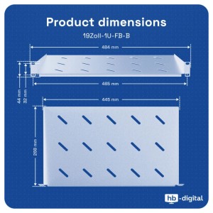 Technische Zeichnung: hb-digital Fachboden 1HE für 19 Zoll Netzwerkschrank, Maße und Details.