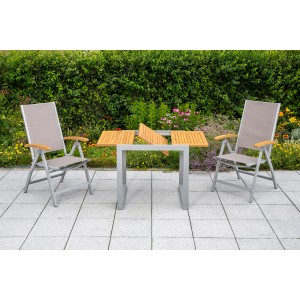 3-teiliges Gartenmöbel-Set Naxos grau mit Klappsesseln und Ausziehtisch aus Akazienholz.