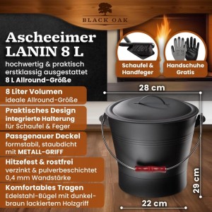 Schwarzer BLACK OAK Ascheeimer LANIN 8L aus Metall mit Deckel, Ascheschaufel, Besen und dunklem Holzgriff für Kamine.