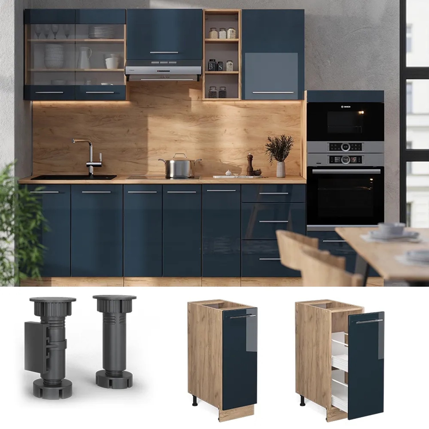 Vicco Apothekerschrank Fame-Line in Dunkelblau/Goldkraft Eiche mit anthrazitfarbener Arbeitsplatte.