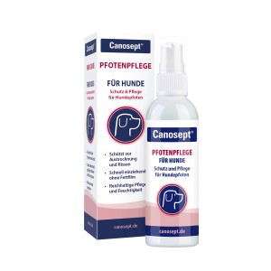 Canosept Pfotenpflege für Hunde, 75g Flasche und Verpackung. Pflegt und schützt Hundepfoten vor Austrocknung.
