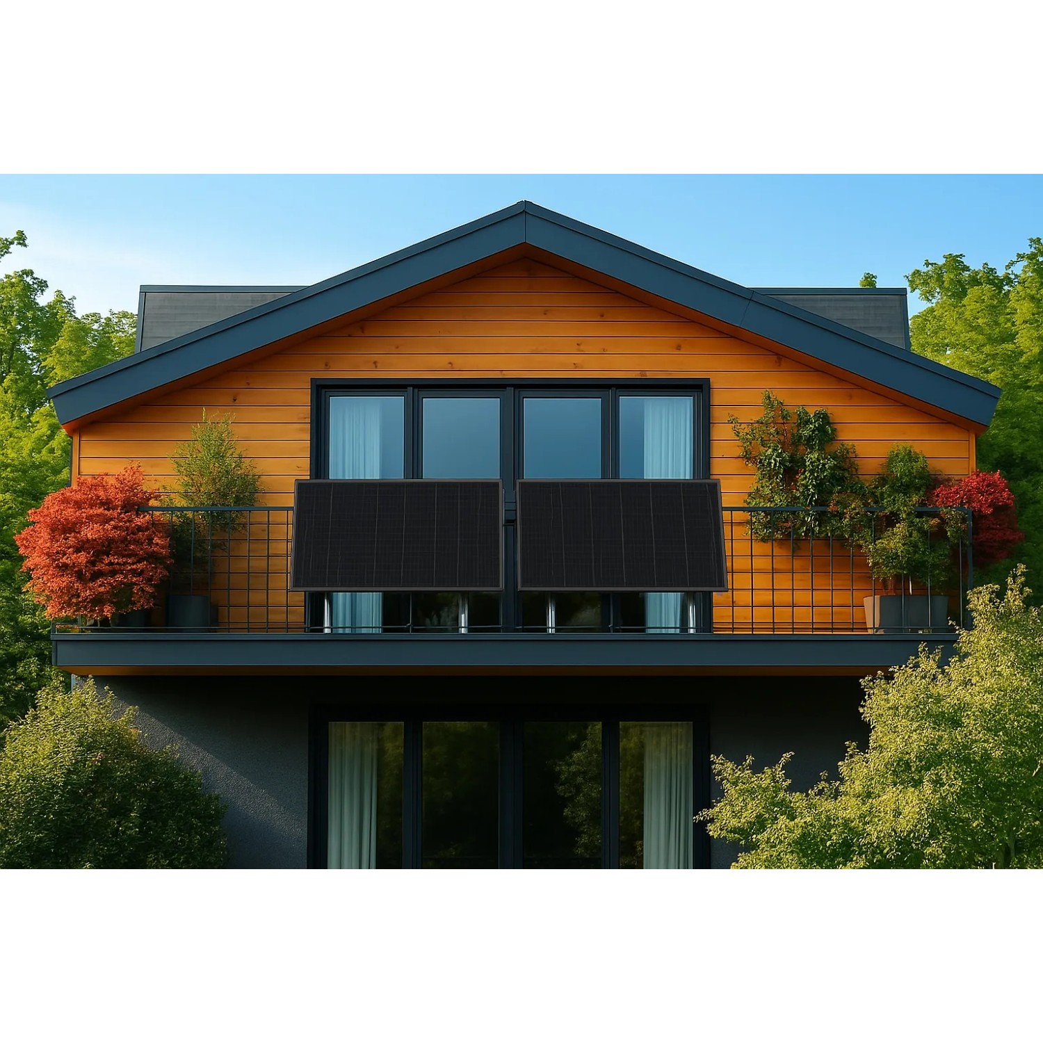 Haier Balkonkraftwerk 800W mit zwei Solarmodulen und Balkonhalterung am Haus.