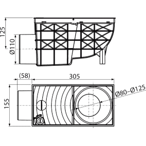 Technische Zeichnung: Alcadrain Regensinkkasten, 300x155 mm, Abgang waagerecht Ø110 mm, Details zu Maßen und Anschlüssen.