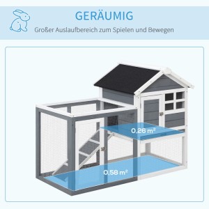 PawHut Kaninchenstall aus grauem Tannenholz mit weißem Gitter, schwarzem Dach, Freilaufgehege und Rampe. Geräumig.