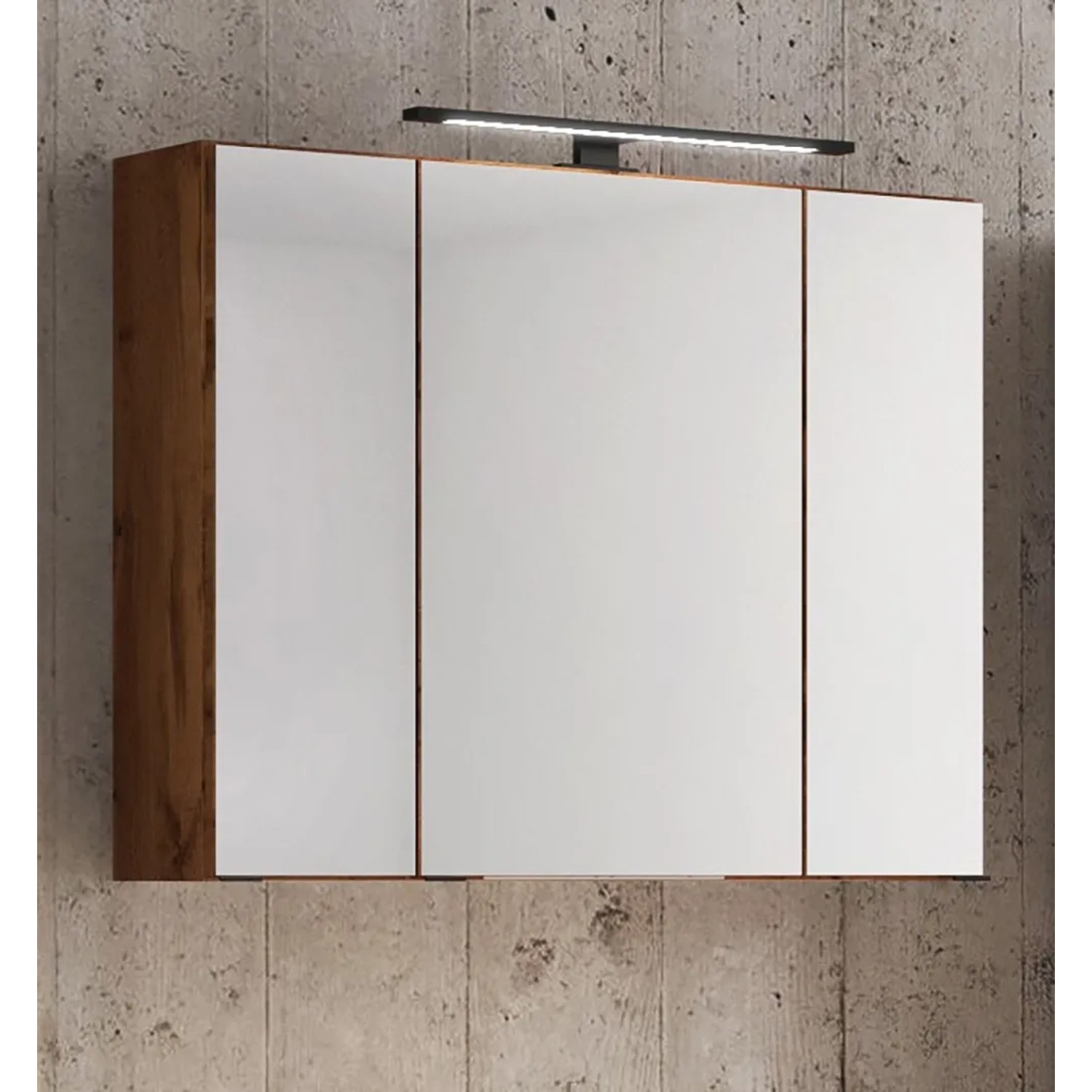 Held Möbel 3D-Spiegelschrank Rom, 70 cm, Wotaneiche mit LED-Leuchte. Badezimmerspiegelschrank mit drei Spiegeltüren.