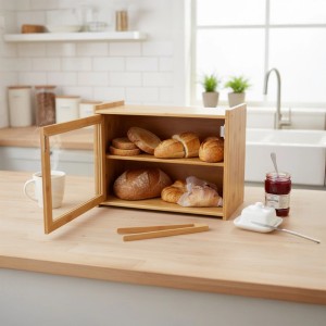 Relaxdays Brotkasten Bambus Natur 2 Etagen Sichtfenster 31 cm x 40 cm x 17,5 cm