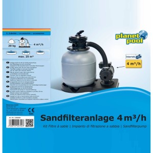 Planet Pool Sandfilteranlage 4 m³ mit 6-Wege-Ventil und Pumpe auf schwarzer Palette.