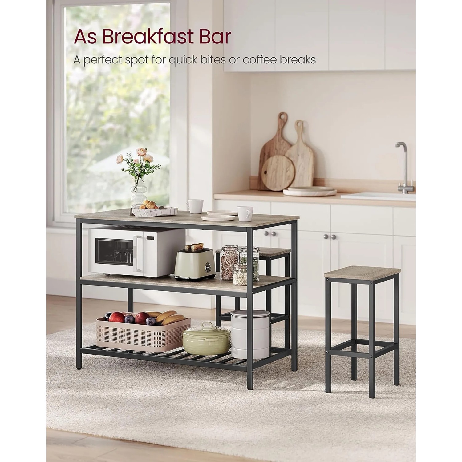 Vasagle Küchenregal mit Arbeitsplatte in Greige-Schwarz als Frühstücksbar mit Hocker.