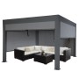 Anthrazitfarbene MCW Pergola L46 3x4m mit Seitenwänden und Sitzgruppe.