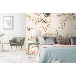 Beige Fototapete mit Blumen und Vögeln von Sanders & Sanders, passend für Wohn- und Schlafzimmer.