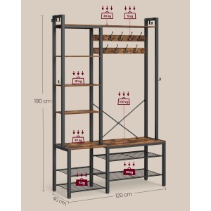 Vasagle Garderobenständer mit Regalen, Sitzbank und Schuhablage in Braun und Schwarz.