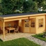 Carlsson Gartenhaus Carl-28 mit Pultdach, imprägniert, 578x274 cm. Holzhaus mit Terrasse und Gartenmöbeln.