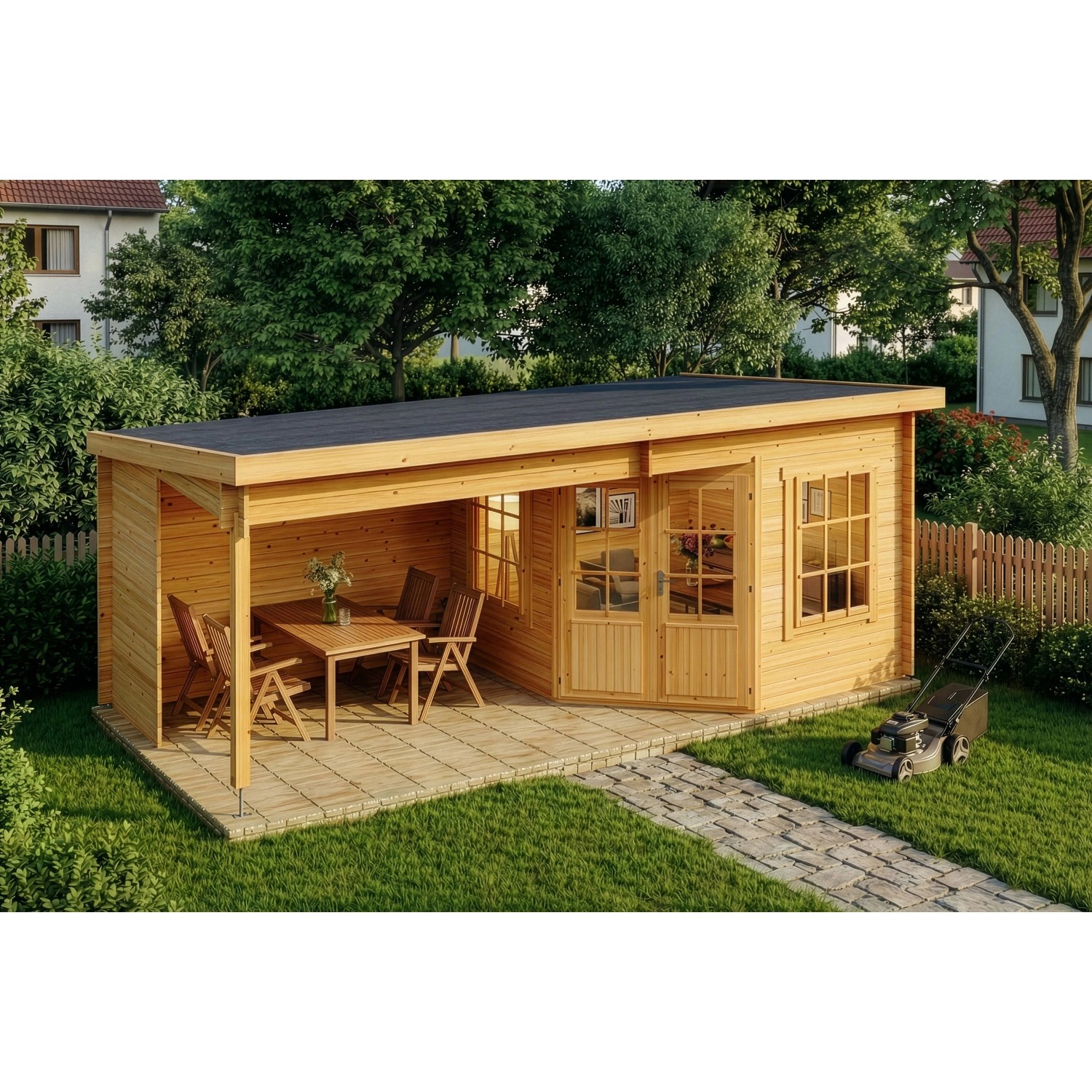 Carlsson Gartenhaus Carl-28 mit Pultdach, imprägniert, 578x274 cm. Holzhaus mit Terrasse und Gartenmöbeln.