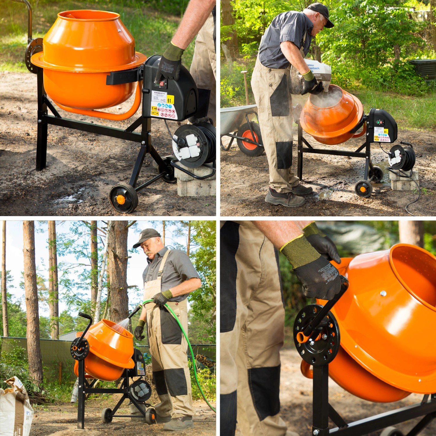 EBERTH 65L Betonmischer: Orangefarbene Trommel, schwarzes Gestell, Person bei der Nutzung.