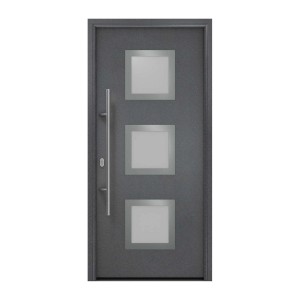 Moderne EcoStar Haustür Isopro IP 810S in Anthrazitmetallic mit drei quadratischen Glaseinsätzen und Edelstahlgriff.