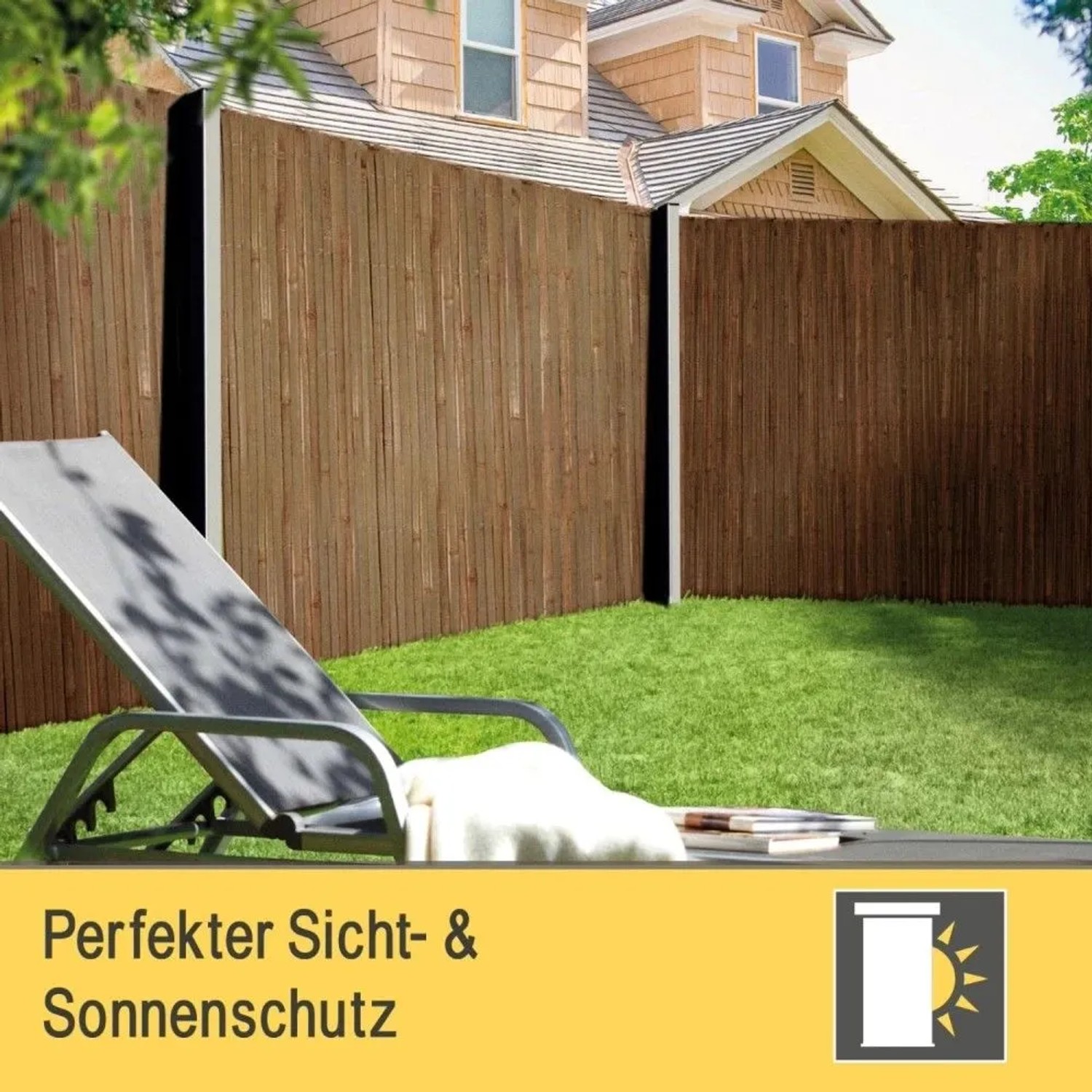 Brauner Sol Royal SolVision Bambus Sichtschutzzaun im Garten. Stabiler Zaun für Privatsphäre auf Balkon & Terrasse.