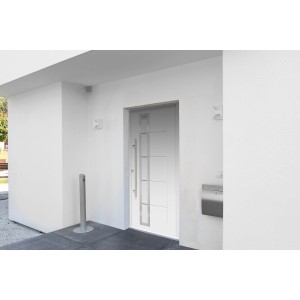 Weiße Haustür Thermospace Paris Prime mit Edelstahlgriff und Glaseinsatz, 110x210 cm, Anschlag links.