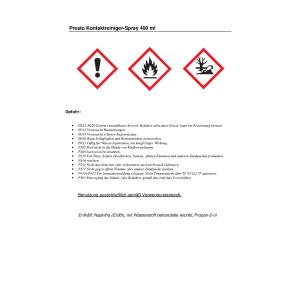 Sicherheitshinweise für Presto Kontaktreiniger-Spray 400 ml: Gefahrensymbole und Warnhinweise.