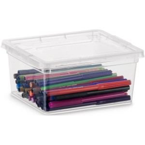 Transparente KIS Aufbewahrungsbox C XXS mit Deckel, gefüllt mit Stiften.