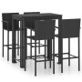 Schwarzes 5-tlg. vidaXL Garten-Bar-Set aus Rattan mit Tisch und 4 Barhockern mit Armlehnen.