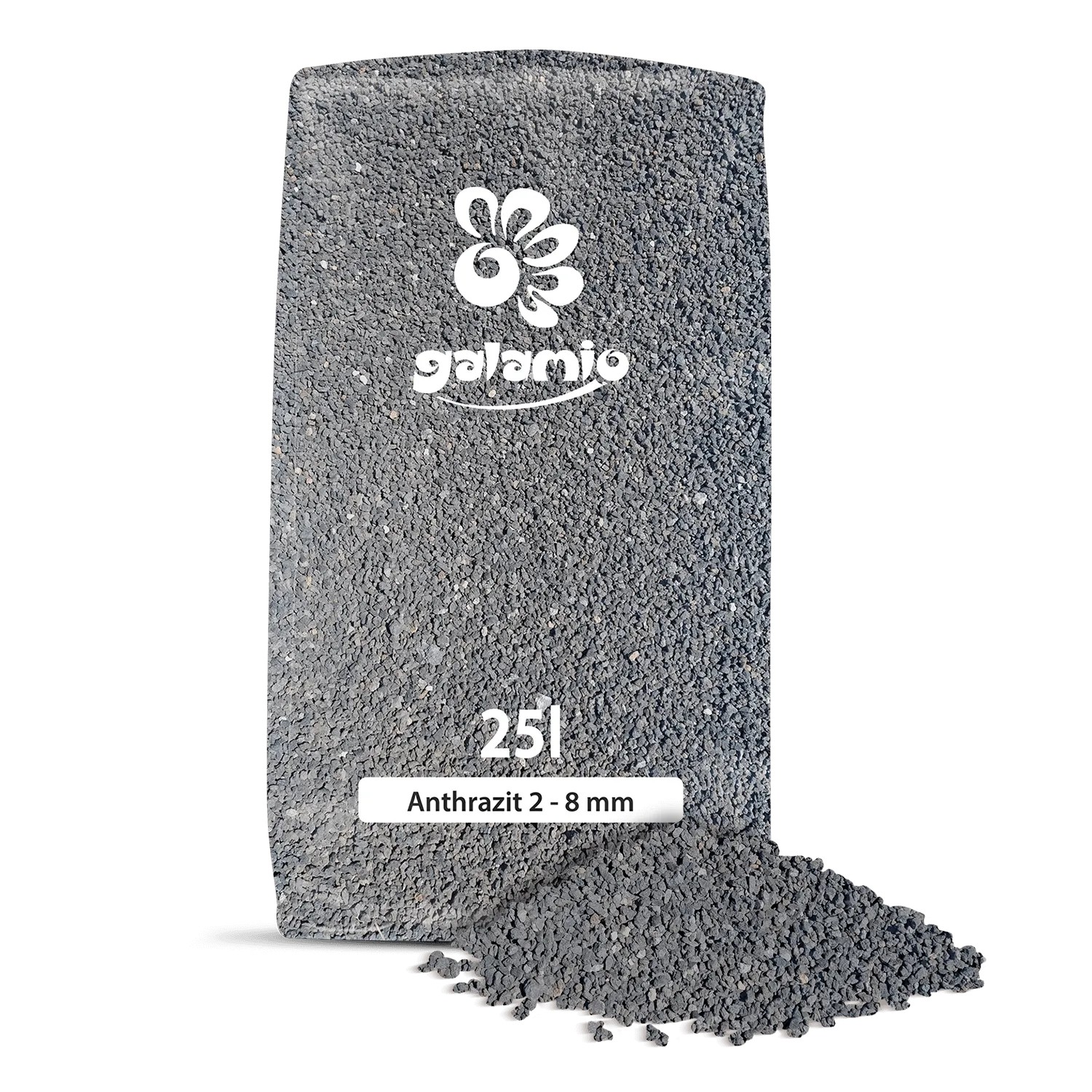 Galamio Lavamulch Anthrazit 2-8 mm im 25l Sack, mit Granulat, das aus dem Beutel quillt. Ideal für Garten.