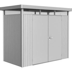 Biohort HighLine Metall-Gerätehaus, silber-metallic, mit Doppeltür. Modernes Design für Gartengeräte.
