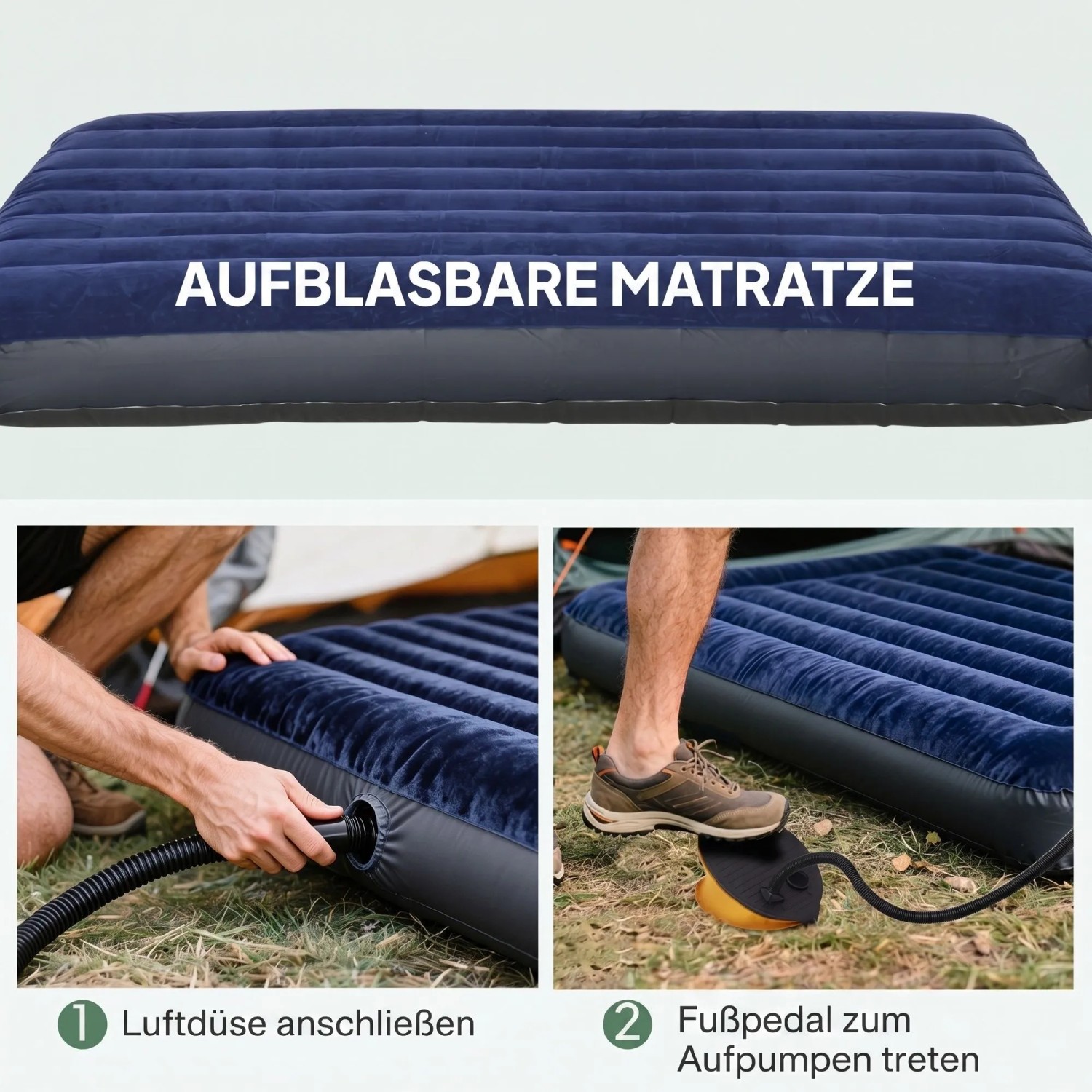 Dunkelblaue aufblasbare Camping-Luftmatratze. Zeigt das Anschließen der Düse und Aufpumpen mit Fußpumpe.
