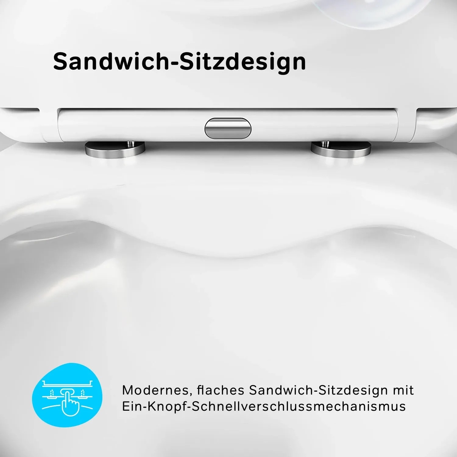 Detailaufnahme: AM.PM Wand-WC X-Joy mit Sandwich-Sitzdesign und Schnellverschluss.