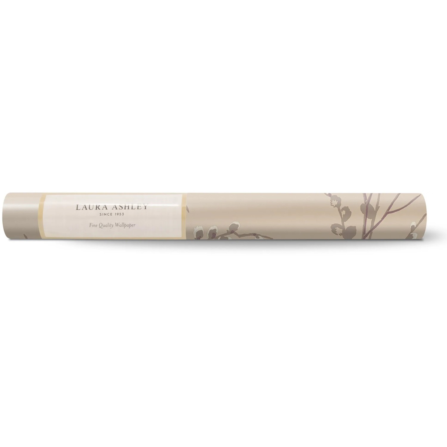 Laura Ashley Vliestapete Pussy Willow Natural, Rolle mit Weidenkätzchen-Muster in Naturtönen.