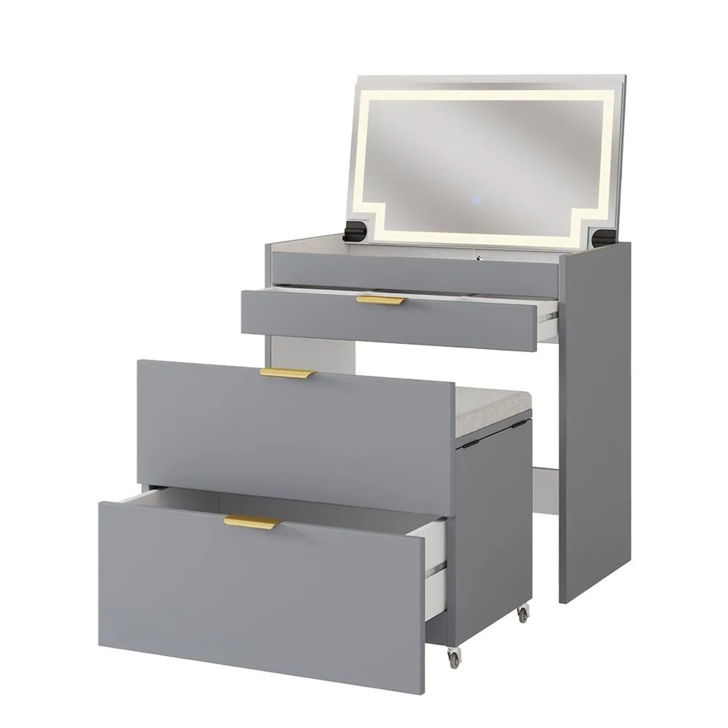 Vicco Schminkkommode Wanja Grau 80 x 80 mit LED-Spiegel und Bank