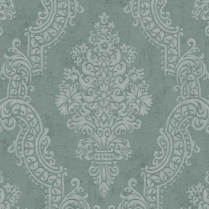 Grüne Barock Tapete mit Ornamenten im Shabby Chic Look für Wohnräume.